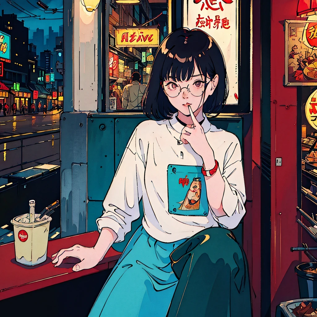 Beautiful redheaded Asian girl sitting alone in a diner at night, Visible from the window, Perfect Face, sunglasses, Smoke a cigarette, Neon Black, (Backlight: 1.1), Hard Shadows, masterpiece, Highest quality, Complex, Model shooting style, Vintage, Film Grain,Hold a cigarette