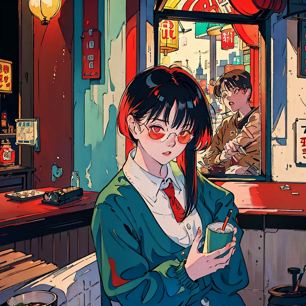 Beautiful redheaded Asian girl sitting alone in a diner at night, Visible from the window, Perfect Face, sunglasses, Smoke a cigarette, Neon Black, (Backlight: 1.1), Hard Shadows, masterpiece, Highest quality, Complex, Model shooting style, Vintage, Film Grain,Hold a cigarette
