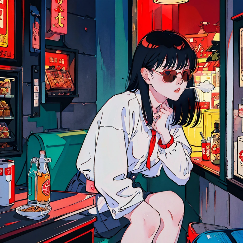 Beautiful redheaded Asian girl sitting alone in a diner at night, Visible from the window, Perfect Face, sunglasses, Smoke a cigarette, Neon Black, (Backlight: 1.1), Hard Shadows, masterpiece, Highest quality, Complex, Model shooting style, Vintage, Film Grain,Hold a cigarette