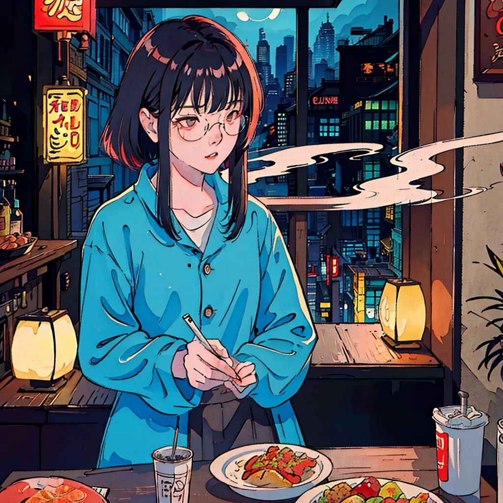 Beautiful redheaded Asian girl sitting alone in a diner at night, Visible from the window, Perfect Face, sunglasses, Smoke a cigarette, Neon Black, (Backlight: 1.1), Hard Shadows, masterpiece, Highest quality, Complex, Model shooting style, Vintage, Film Grain,Hold a cigarette