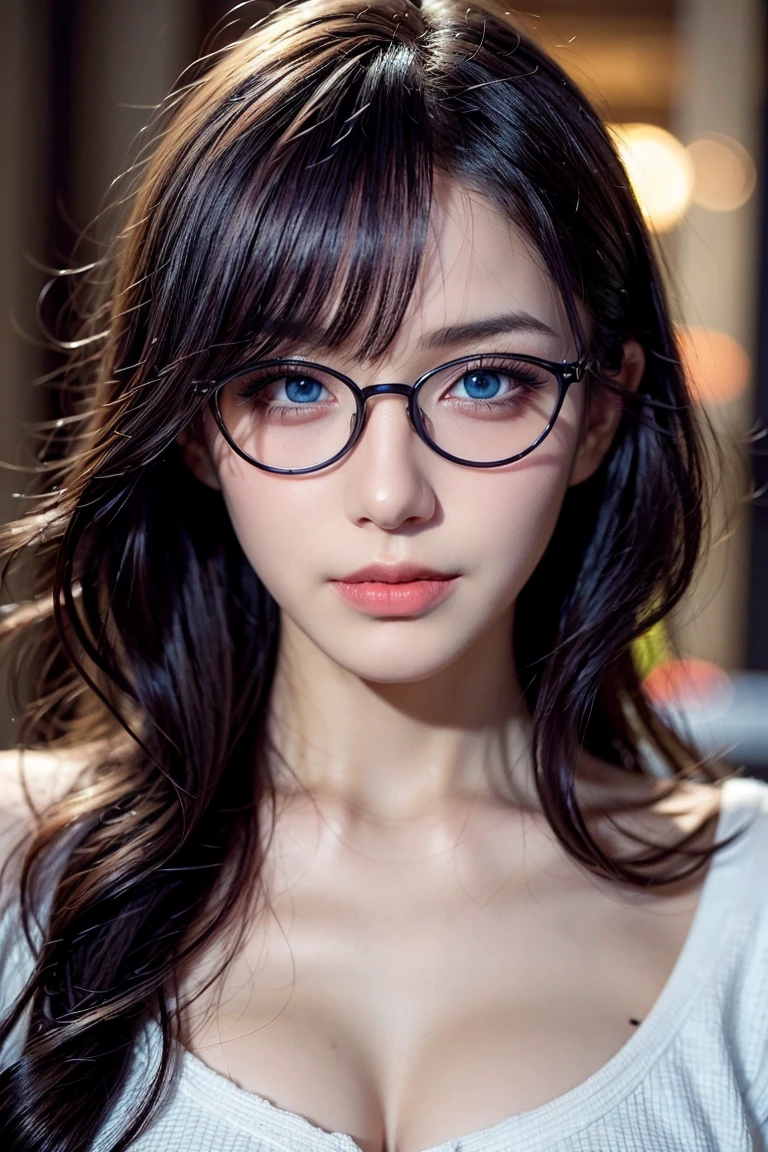 ((best quality)), ((masterpiece)), (detailed), perfect face, 1 girl, purple hair, blue beautiful eyes, tactical gear, military, city. Night, winter, glasses, (real、photorealistic、photorealistic: 1.37) soft lighting、subtle shadow、intense colors、enchantingly illuminated、high contrast, full body