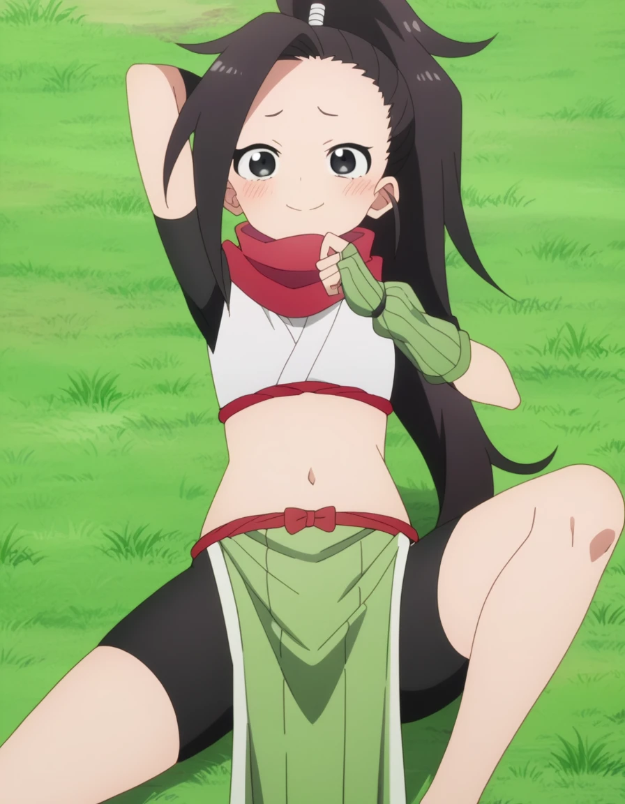  anime coloring, anime screencap, source_anime, anime,uncensored ,BREAK1girl,kunotsubaki, black eyes, black hair, long hair, asymmetrical bangs, forehead, high ponytail, ponytail,shirt, navel, red scarf, scarf short sleeves, pelvic curtain, shorts, green gloves, arm warmers, fingerless gloves, BREAK, high quality, solo, lying, on back, arms up, spread arms, closed mouth, on grass, (cowboy shot:1.5), looking at viewer, nervous, smile, best quality, blushing, spread legs,