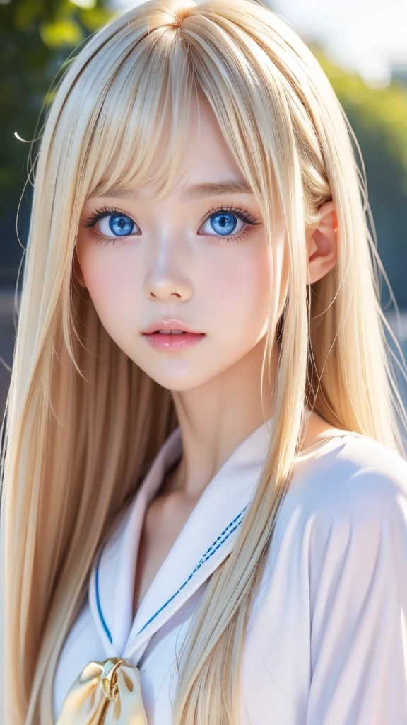 Beautiful girl with a pretty face、beautiful blonde straight super long hair、Half Body Shot、Beautiful long bangs hanging over the face、Very beautiful, bright, pale sky blue eyes、Very big eyes、Blonde hair between the eyes、Round face、Blonde hair above the eyes、片Blonde hair above the eyes、、Sailor suit、Very white and young skin、Cheek gloss、Cheek highlighter、Small Face Beauty