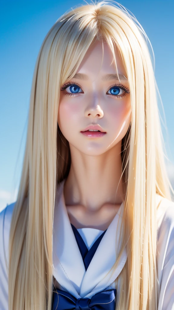 Beautiful girl with a pretty face、beautiful blonde straight super long hair、Half Body Shot、Beautiful long bangs hanging over the face、Very beautiful, bright, pale sky blue eyes、Very big eyes、Blonde hair between the eyes、Round face、Blonde hair above the eyes、片Blonde hair above the eyes、、Sailor suit、Very white and young skin、Cheek gloss、Cheek highlighter、Small Face Beauty