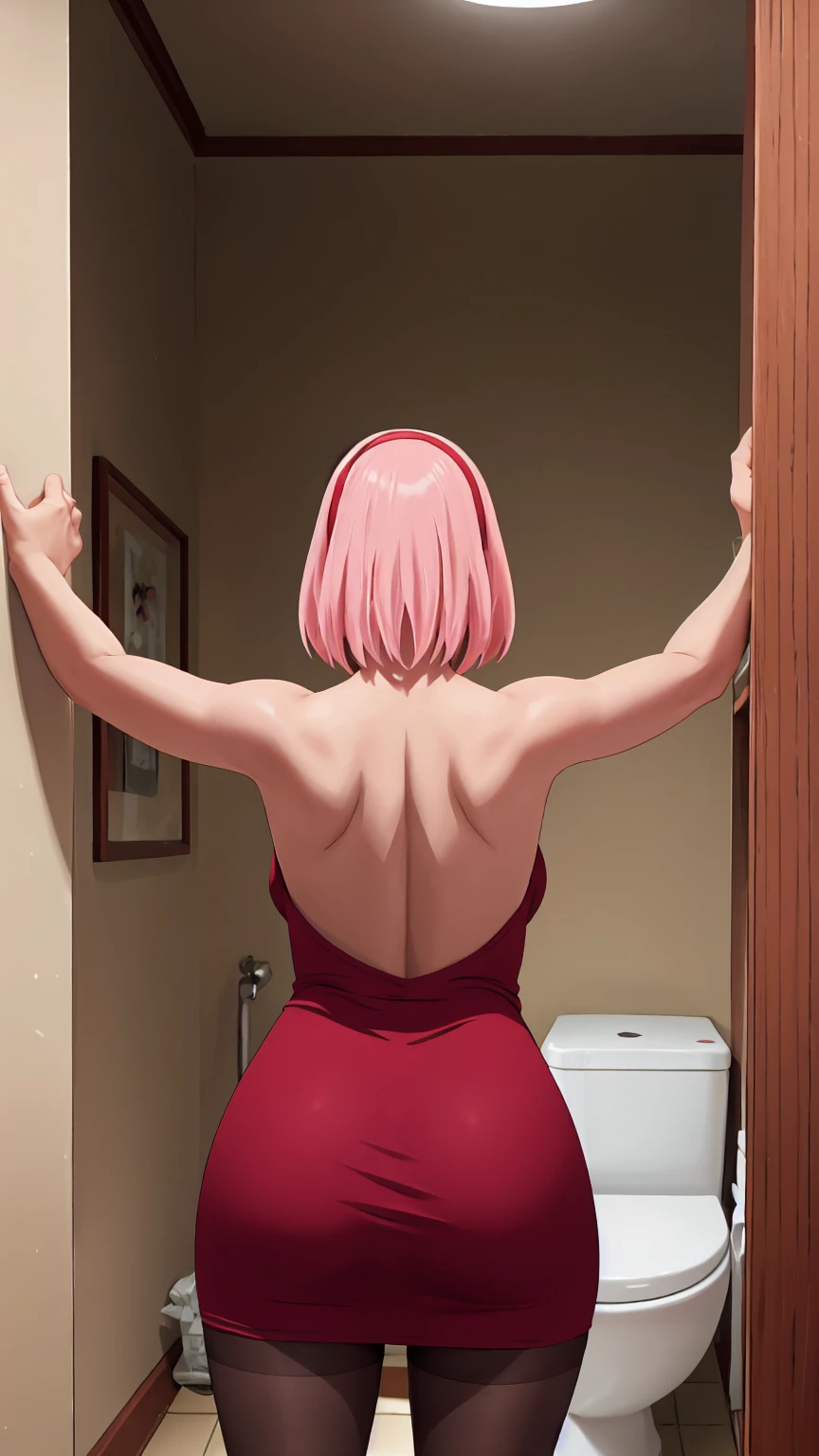 ((pantyhose))mesa ((bunda grande))((Swamp breasts))((rosto perfeito))((Sensual))(((Traje mesa HOT))), Obra-prima， A melhor qualidade no melhor， 1 ， Sakura Haruno， seios grandessaia transparente ,（escote)，（Close da parte superior do corpo)，，Is shy，sorriso，com cabelo rosa， longo, whitish hair， There is a woman with pink hair and stockings posing in a bathroom, bottom angle, lit from behind, de joelhos, coxas e saia, de joelhos, peeping from behind, coxas de perto, curvy accentuated booty, Estudante hiper-realista em vestido curto apertado , Joelhos enfiados, dobrar, hugging your knees, iluminado por baixo, view from behind
