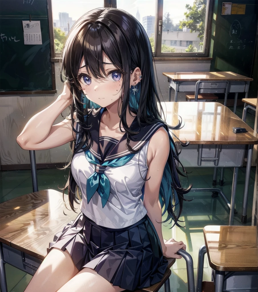whole body, longer medium hair, medium tits, tearful mole, earring, school_uniform, sailor uniform, sleeveless, school, classroom,