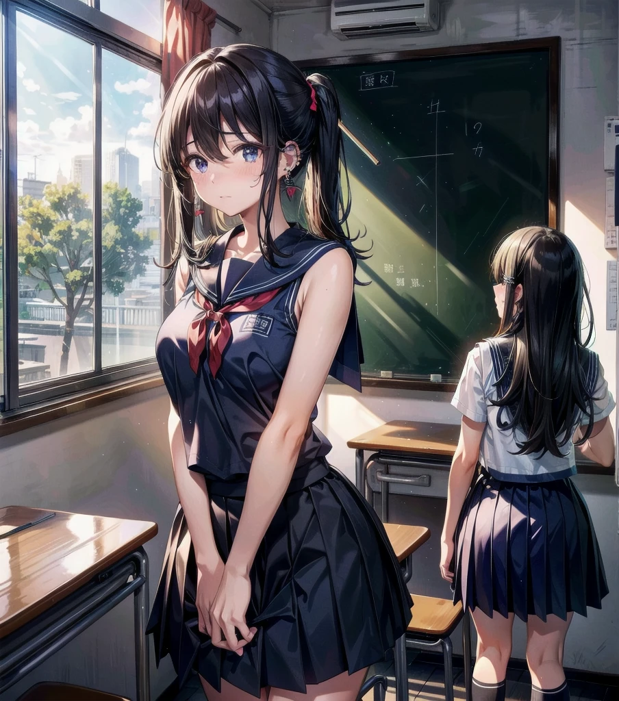 whole body, longer medium hair, medium tits, tearful mole, earring, school_uniform, sailor uniform, sleeveless, school, classroom,