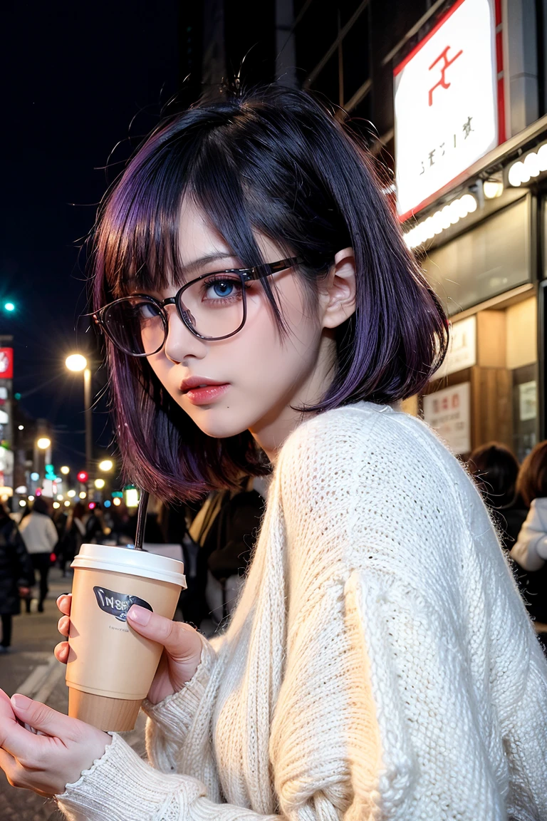 1 girl, purple hair, beautiful hair, blue eyes, make up, perfect face, perfect body, winter, tokyo, night, coffee, glasses, wolf cut hairstyle