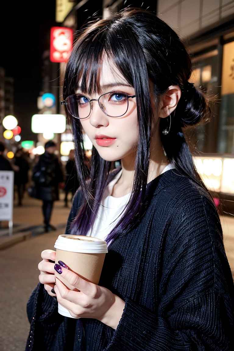 1 girl, purple hair, beautiful hair, blue eyes, make up, perfect face, perfect body, winter, tokyo, night, coffee, glasses, wolf cut hairstyle