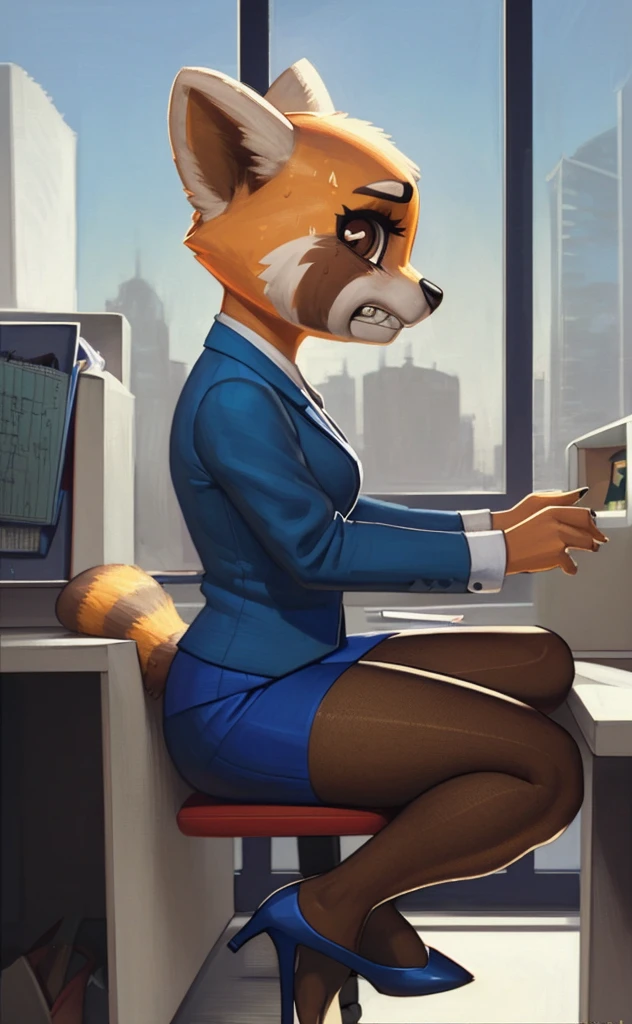 [retsuko], [aggretsuko], [Uploaded to e621.net; (Pixelsketcher), (wamudraws)], ((masterpiece)), ((HD)), ((solo portrait)), ((side view)), ((furry; anthro)), ((detailed fur)), ((detailed shading)), ((beautiful render art)), ((intricate details)), {anthro; orange fur, black nose, small brown eyebrows, cute brown eyes, (short eyelashes), raccoon tail, (gorgeous hips), (beautiful legs), (beautiful feet), (sweating), (frown), (clenching teeth)}, {(office woman), (blue blazer sweater), (short blue pencil skirt), (opaque pantyhose), (blue heels)}, {(sitting in a dick), (legs crossed), (looking at viewer)}, [background; (cubicles), (white walls), (window), (blue sky), (sun rays)] naked