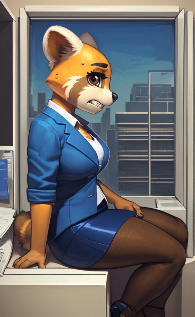 [retsuko], [aggretsuko], [Uploaded to e621.net; (Pixelsketcher), (wamudraws)], ((masterpiece)), ((HD)), ((solo portrait)), ((side view)), ((furry; anthro)), ((detailed fur)), ((detailed shading)), ((beautiful render art)), ((intricate details)), {anthro; orange fur, black nose, small brown eyebrows, cute brown eyes, (short eyelashes), raccoon tail, (gorgeous hips), (beautiful legs), (beautiful feet), (sweating), (frown), (clenching teeth)}, {(office woman), (blue blazer sweater), (short blue pencil skirt), (opaque pantyhose), (blue heels)}, {(sitting in a dick), (legs crossed), (looking at viewer)}, [background; (cubicles), (white walls), (window), (blue sky), (sun rays)] naked