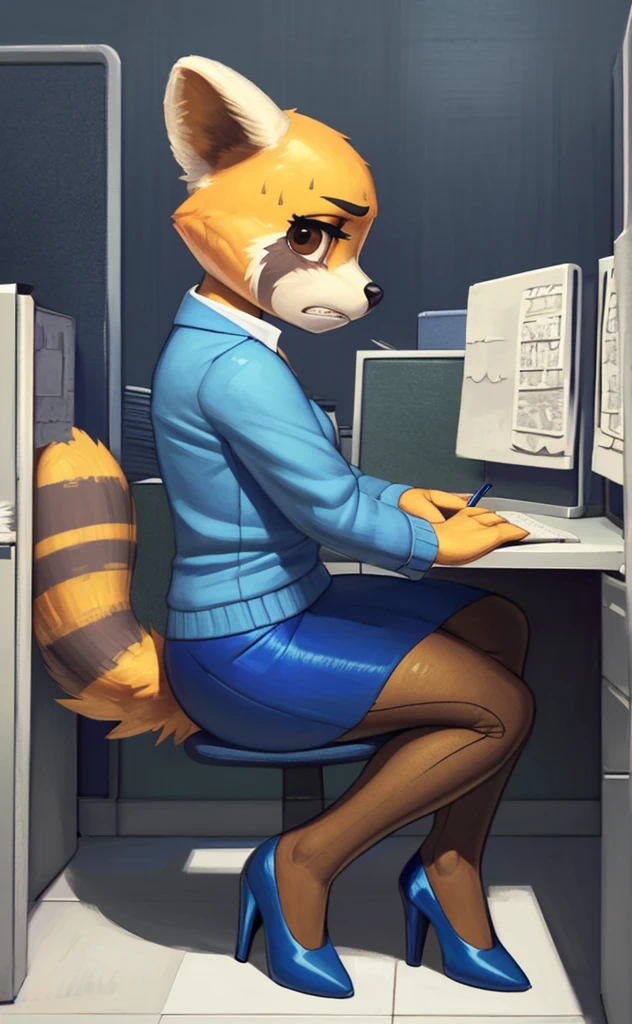 [retsuko], [aggretsuko], [Uploaded to e621.net; (Pixelsketcher), (wamudraws)], ((masterpiece)), ((HD)), ((solo portrait)), ((side view)), ((furry; anthro)), ((detailed fur)), ((detailed shading)), ((beautiful render art)), ((intricate details)), {anthro; orange fur, black nose, small brown eyebrows, cute brown eyes, (short eyelashes), raccoon tail, (gorgeous hips), (beautiful legs), (beautiful feet), (sweating), (frown), (clenching teeth)}, {(office woman), (blue blazer sweater), (short blue pencil skirt), (opaque pantyhose), (blue heels)}, {(sitting in a dick), (legs crossed), (looking at viewer)}, [background; (cubicles), (white walls), (window), (blue sky), (sun rays)] naked