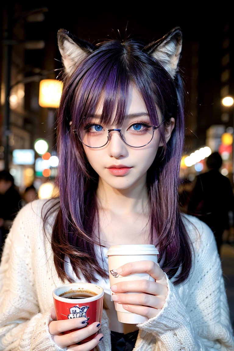 1 girl, purple hair, beautiful hair, blue eyes, make up, perfect face, perfect body, winter, tokyo, night, coffee, glasses, wolf cut hairstyle