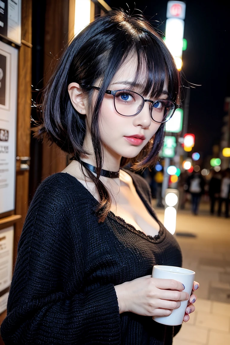 1 girl, purple hair, beautiful hair, blue eyes, make up, perfect face, perfect body, winter, tokyo, night, coffee, glasses, wolf cut hairstyle