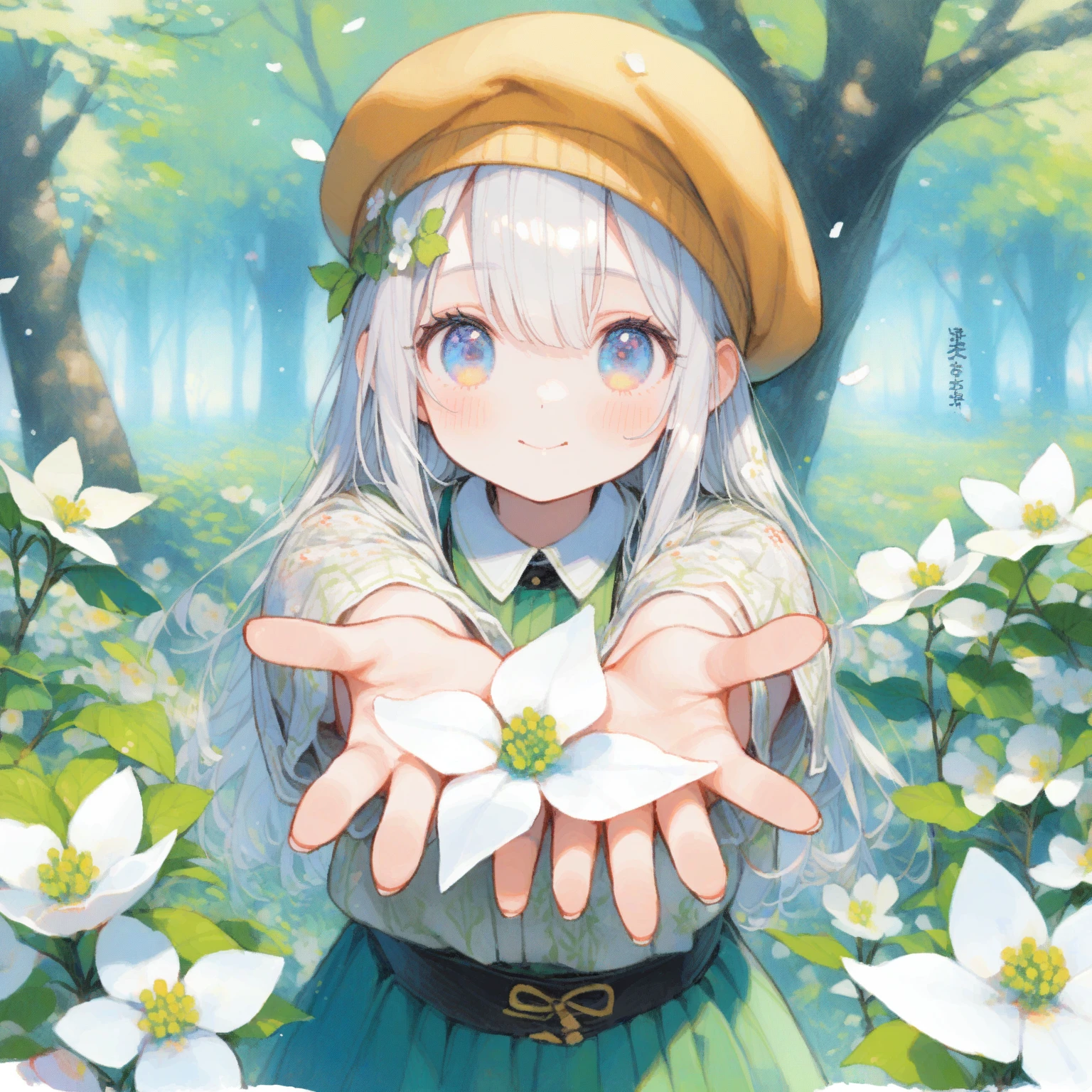 1girl、White Cornus kousa、Each flower has only four white petals.、In the forest of dogwoods、Hold your hand out towards the screen、Green clothes、White Hair、Yellow Beret、「Friendship」、Japanese dogwood、tegaki