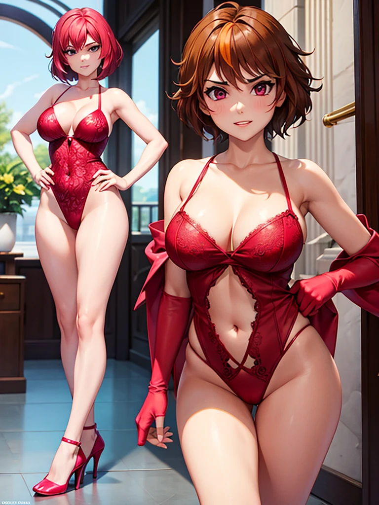 merula, full body, thighs, pink high heels, solo girl, medium tits, sexy red lingerie