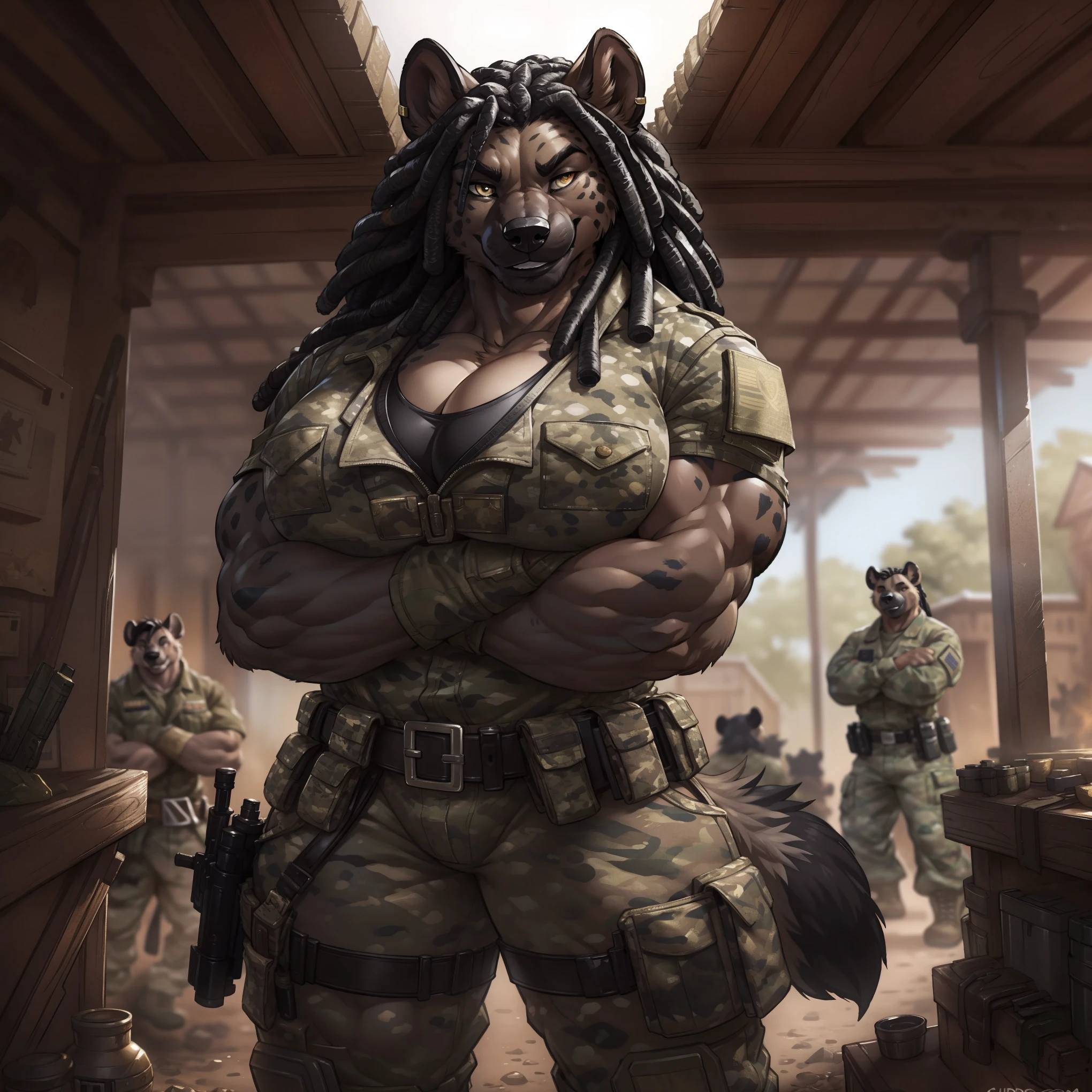 solo, 1girl, hyena, female, broad shoulders, stocky build, buff, muscular, large breasts, beige fur, spots, dreadlocks, black hair, gold eyes, highly detailed eyes, Amazon, powerful figure, wearing camouflage_uniform, (monochrome uniform:1.2), military camp, rolled sleeves, shirt, cleavage, standing upright, (arms crossed:1.2), combat boots, full body, pleasant smile, looking at viewer, realistic lighting, by darkgem, by wfa, by gideon,