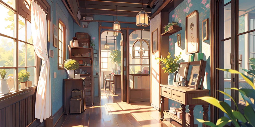 (masterpiece:1.2), best quality,Pixif,Warm animated scenes,cozy anime,indoor,Corridor leading to the door