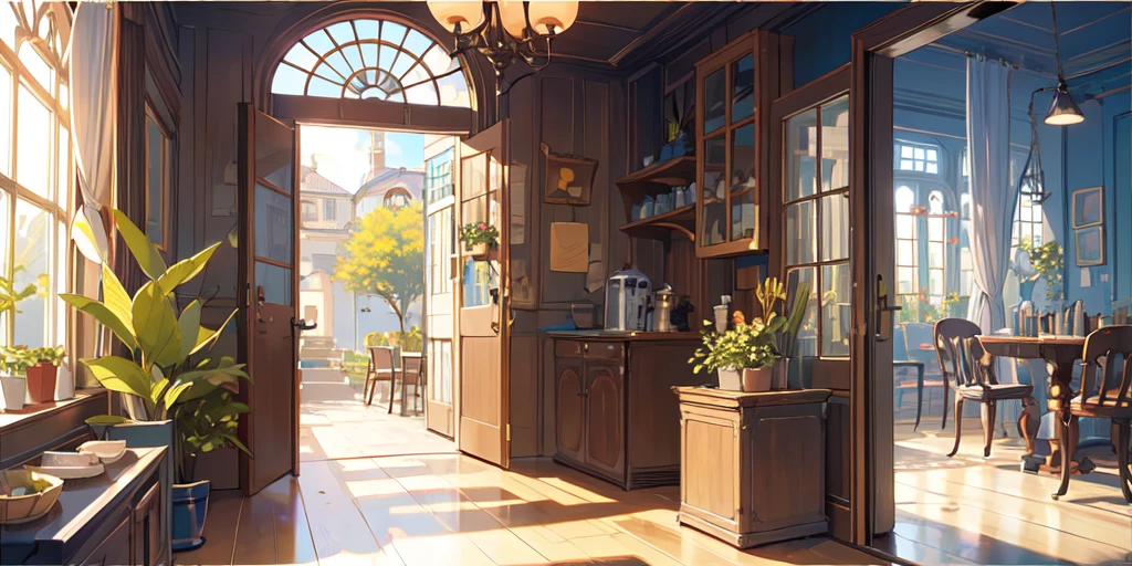 (masterpiece:1.2), best quality,Pixif,Warm animated scenes,cozy anime,indoor,Corridor leading to the door