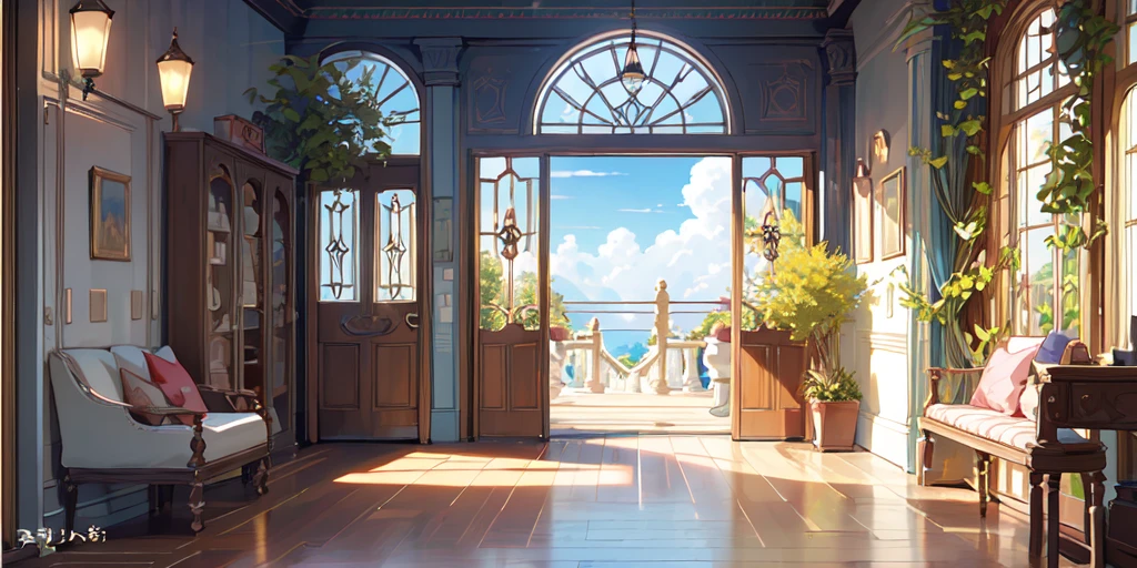 (masterpiece:1.2), best quality,Pixif,Warm animated scenes,cozy anime,indoor，Corridor leading to the door
 