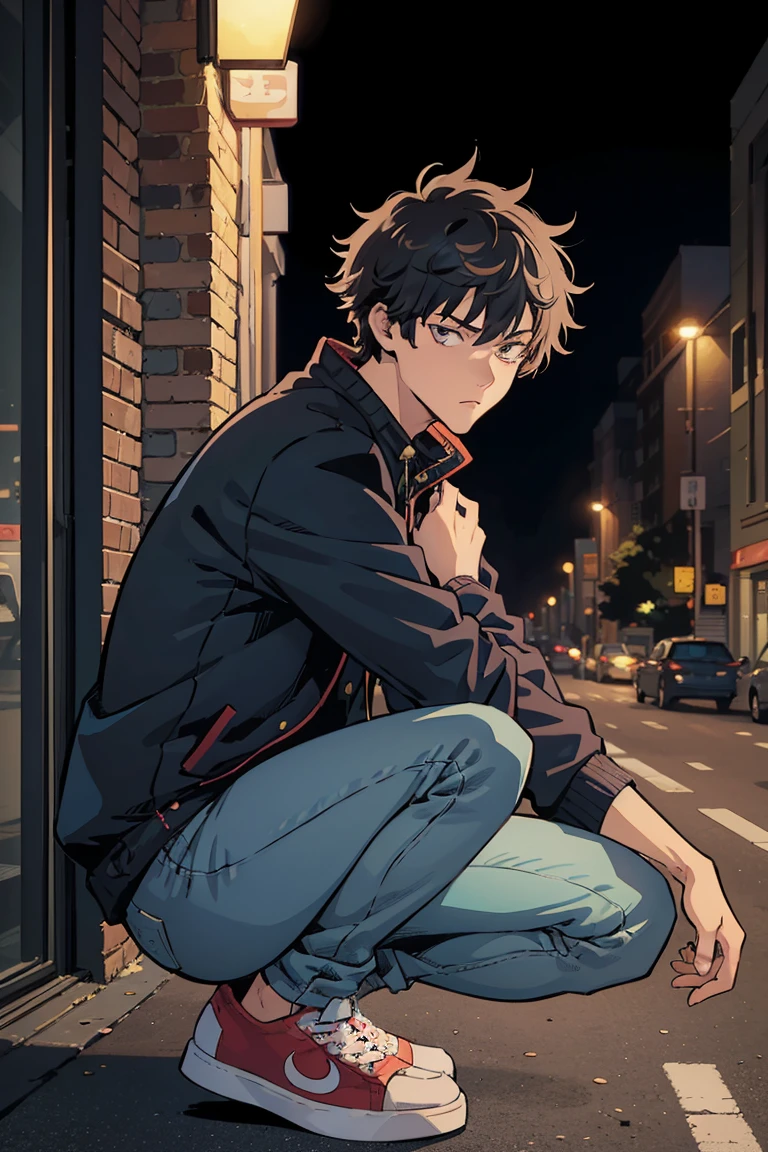 ((illustration)), (best quality)), ((masterpiece)), (detailed), ((night)), teenager, solo, 1boy, male focus, black jacket, short hair, black hair, crouching, shaggy hair, jeans, sneakers, cityscape, lineart, thick lines, comic cover, itadori, itadori_yuuji,