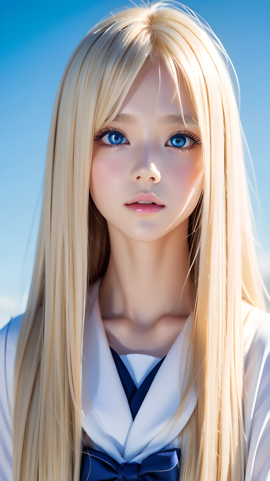 Beautiful girl with a pretty face、beautiful blonde straight super long hair、Half Body Shot、Beautiful long bangs hanging over the face、Very beautiful, bright, pale sky blue eyes、Very big eyes、Blonde hair between the eyes、Round face、Blonde hair above the eyes、片Blonde hair above the eyes、、Sailor suit、Very white and young skin、Cheek gloss、Cheek highlighter、Small Face Beauty