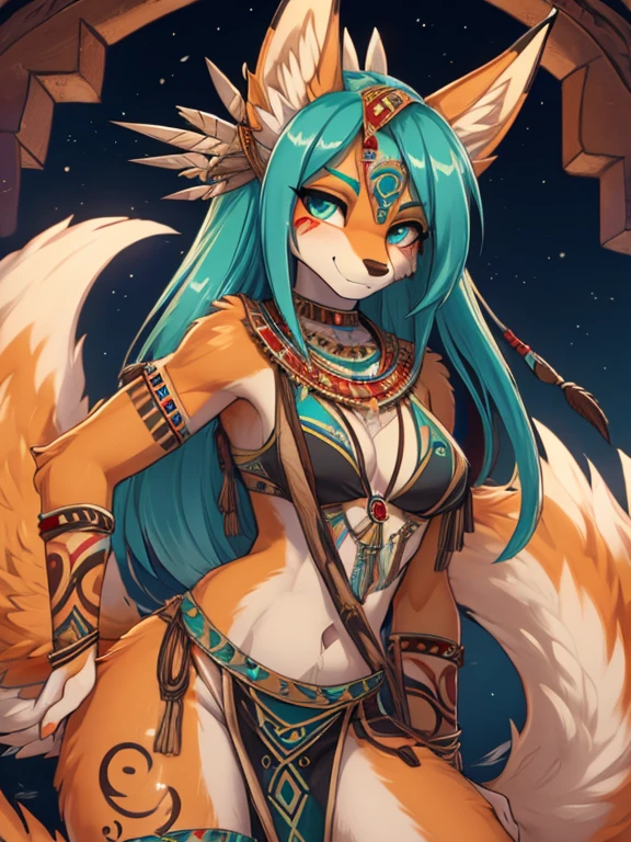 Miku Hatsune,Arabic, piel bronceada, alta definicion, orejas de kitsune, tatuaje tribal, prehispanic clothes