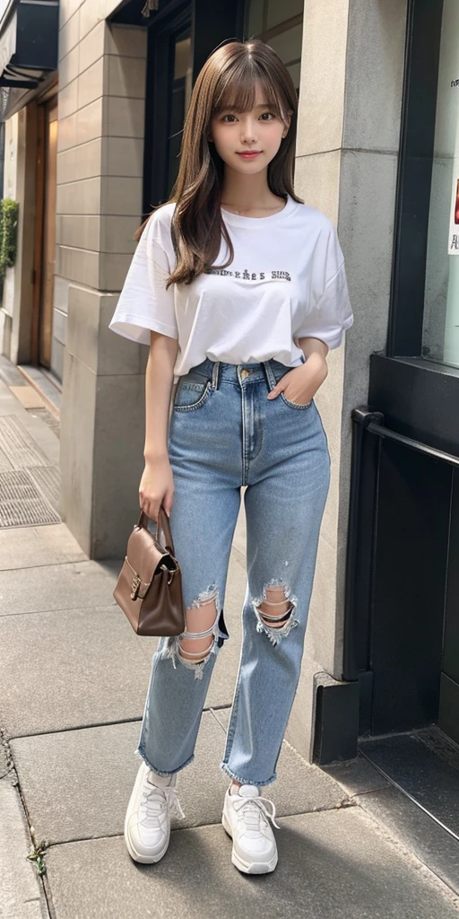 (full body:1.3), 1girl, long hair, casual dress, Highest quality, figure, Super detailed, Fine details, High resolution, 8k wallpaper, Perfect dynamic composition, Beautiful attention to detail, A woman with a slightly young face, round face, Baby Face, Eyes slightly apart, Brown hair long, Has bangs, Small breasts and natural lips, smile, Harajuku, 20-year-old girl, He is wearing a white T-shirt and long denim pants., Brown hair longで胸下まである長さの髪の毛, The shoes worn are sneakers