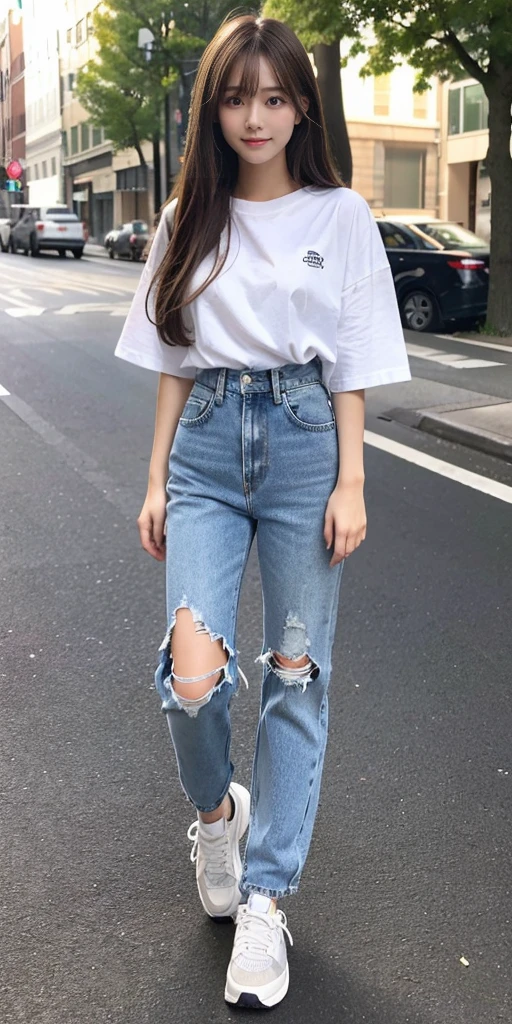 (full body:1.3), 1girl, long hair, casual dress, Highest quality, figure, Super detailed, Fine details, High resolution, 8k wallpaper, Perfect dynamic composition, Beautiful attention to detail, A woman with a slightly young face, round face, Baby Face, Eyes slightly apart, Brown hair long, Has bangs, Small breasts and natural lips, smile, Harajuku, 20-year-old girl, He is wearing a white T-shirt and long denim pants., Brown hair longで胸下まである長さの髪の毛, The shoes worn are sneakers