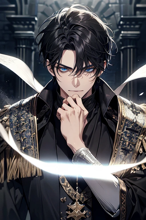 1 person, adult, ใบหน้าที่เป็นadult, short hair, messy black hair, blue eyes, clear and detailed eyes, High and slender, black noble clothing,black veil, strategist, handsome, condescending, Medieval Fantasy, upper body, Medieval castle background, dark fantasy, (light color, dynamic shading)