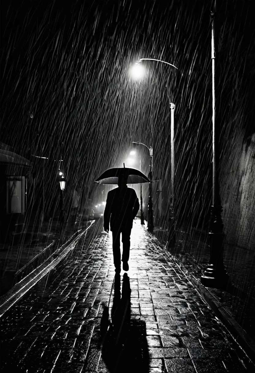 A heartbroken man walks on the sidewalk in the night rain. Los faros que iluminan la oscura carretera brillan sobre ella, proyectar una gran sombra en la pared de un edificio. (mejor calidad), (obra maestra:1.3), ultra detallado, sharp shadows, gran detalle, profundidad de campo, super detailed background, Aspecto desenfocado