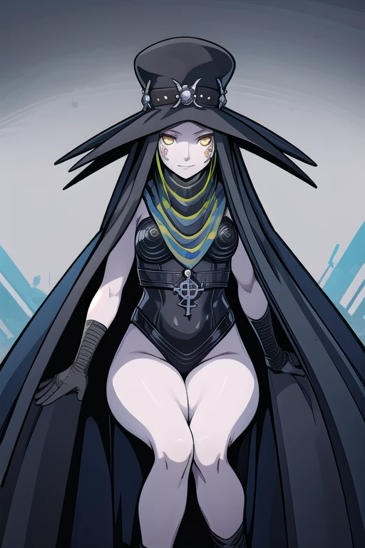 Masterpiece, best quality, Scathach, solo, female1, shin megami tensei, cape hat, black and blue cape, flower tattoo, gloves, white skin, (yellow eyes 1.1), flowing, sitting, shirt, smile, park