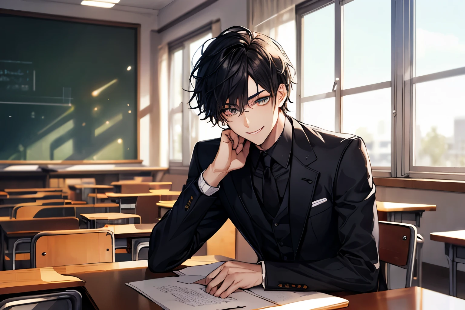 For men，Short fine hair，Black Hair，（Purpose 1：2，Clear Eyes，A sophisticated eye，Delicate eyes，Good Eyes，Eye details），Face Focus，Adult，Black Suit，Highest quality，Facial details，classroom，Sit at a desk，Sitting on the couch，sloth，Detailed Background，Diffused sunlight，Depth of written boundary，study　Smiling at the desk