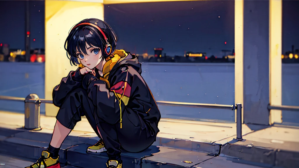 Black short Hair, night, black jacket, One Woman, street, Crouch down、Headphones