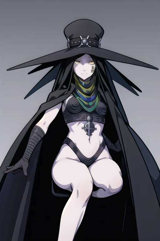 Masterpiece, best quality, Scathach, solo, female1, shin megami tensei, cape hat, black cape, flower tattoo, gloves, white skin, (yellow eyes 1.1), flowing, sitting, shirt, smile, park