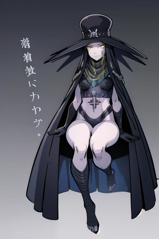 Masterpiece, best quality, Scathach, solo, female1, shin megami tensei, cape hat, black cape, flower tattoo, gloves, white skin, (yellow eyes 1.1), flowing, sitting, shirt, smile, park