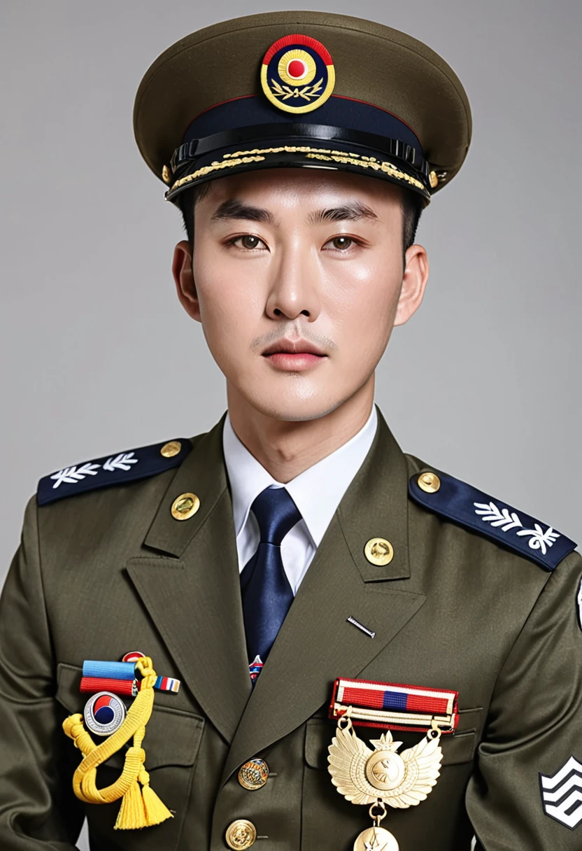 Wearing、Arafu man wearing medal and tie, Portraits inspired by Kim Hwan-gi, shutter, The art of math, wearing military uniform, wearing a military uniform, in military uniform, Official photos, Korean male, Wearing full military uniform, Official, military uniform, Who is Shi Yu?, 穿着military uniform, Official photo, military uniform