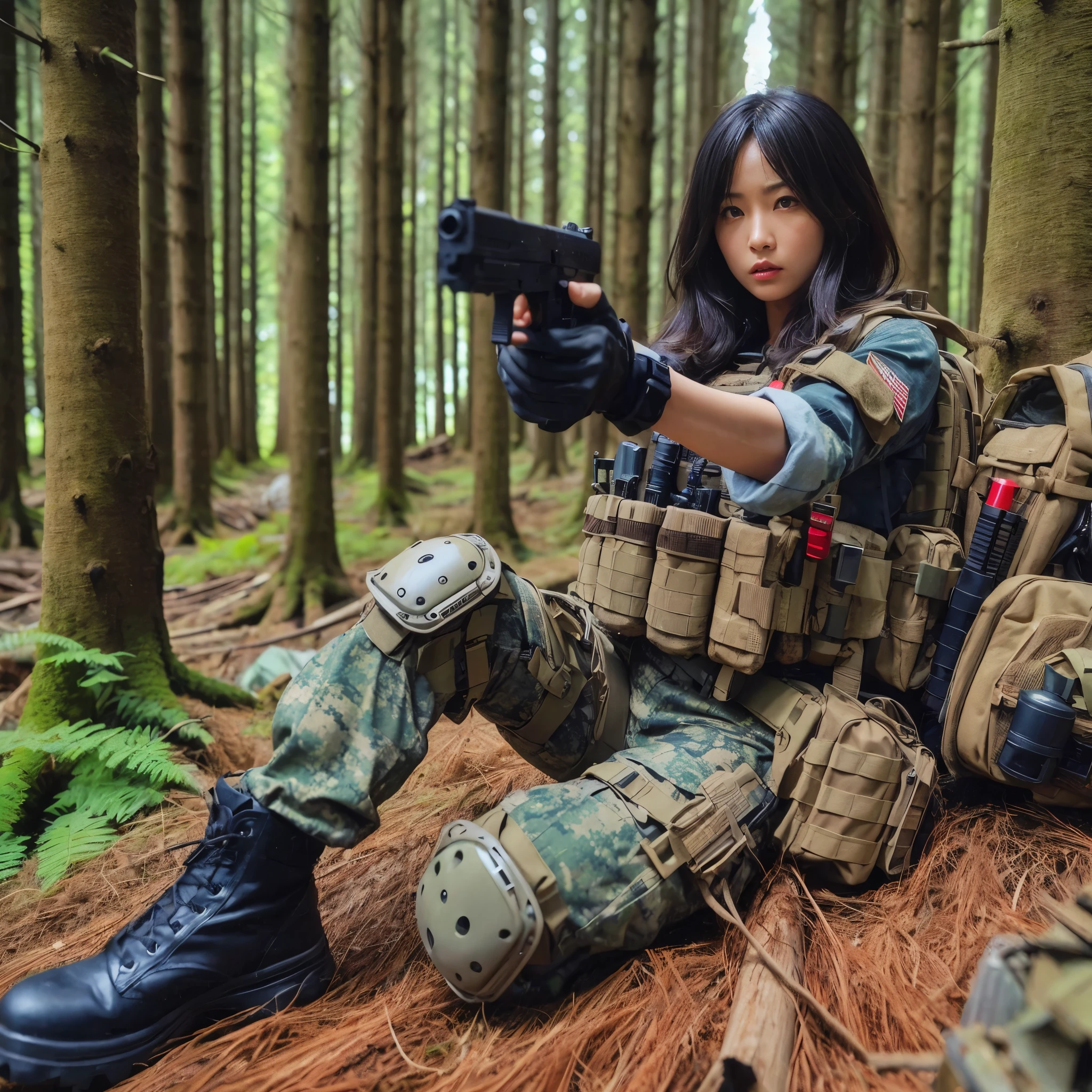 beautiful japanese woman in us special forces uniform, extremely detailed skin texture, super realism, realistic photo, 8k, realistic military equipment, camouflage, crouching in coniferous forest, gunfight, wearing bulletproof vest and tactical gear, wristwatch, angry expression, hdr, studio lighting, ultra-detailed, physically-based rendering