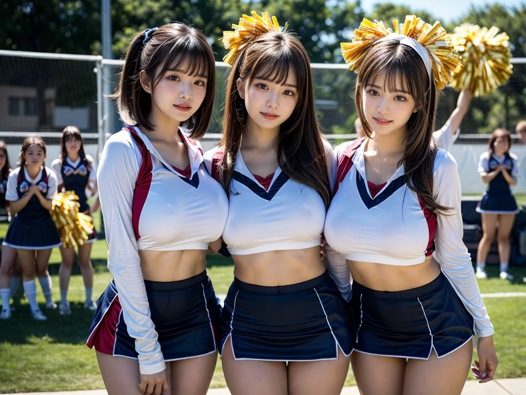 (RAW photo, 4k, masterpiece, high resolution, extremely complex) (realistic: 1.4), cinematic lighting
 ((2 girls, 2 schoolgirls)),blushing,((innocent)),bright eyes,round eyes,blunt bangs,(short bob hair:1.3),black hair,large breasts,wide hips,Summer Noon, ,Hot, (Best Quality), (Highres), (an Extremely Delicate and Beautiful),(Beautiful 8k face),(Brown eyes),( spectators),(gigantic breasts),(Play with each other,Touching each other's bodies,Touching the body),(cheer girl:1.5),(a miniskirt),(reality),bright lighting,(The background is a luxury hotel room)