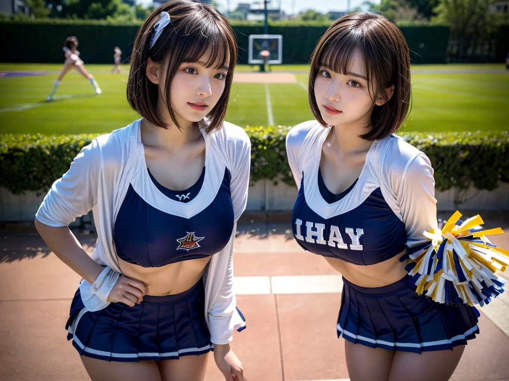 (RAW photo, 4k, masterpiece, high resolution, extremely complex) (realistic: 1.4), cinematic lighting
((2 girls, 2 schoolgirls)),blushing,((innocent)),bright eyes,round eyes,blunt bangs,(short bob hair:1.3),black hair,large breasts,wide hips,Summer Noon, ,Hot, (Best Quality), (Highres), (an Extremely Delicate and Beautiful),(Beautiful 8k face),(Brown eyes),( spectators),(gigantic breasts),(Play with each other,Touching each other's bodies,Touching the body),(cheer girl:1.5),(a miniskirt),(reality),bright lighting,(The background is a luxury hotel room)