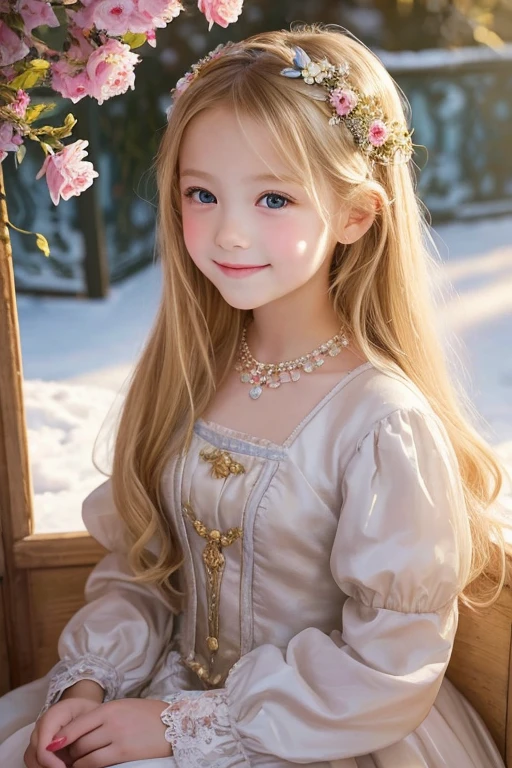 A 6--old utiful girl painted in an oil painting style reminiscent of an impressionist painting.。She is fair-skinned and、With long blonde hair、She is wearing a gorgeous Rococo dress.。The backdrop is a magnificent, gorgeous, cinematic palace。Gentle light。She is looking at me and smiling.
And winter theme.