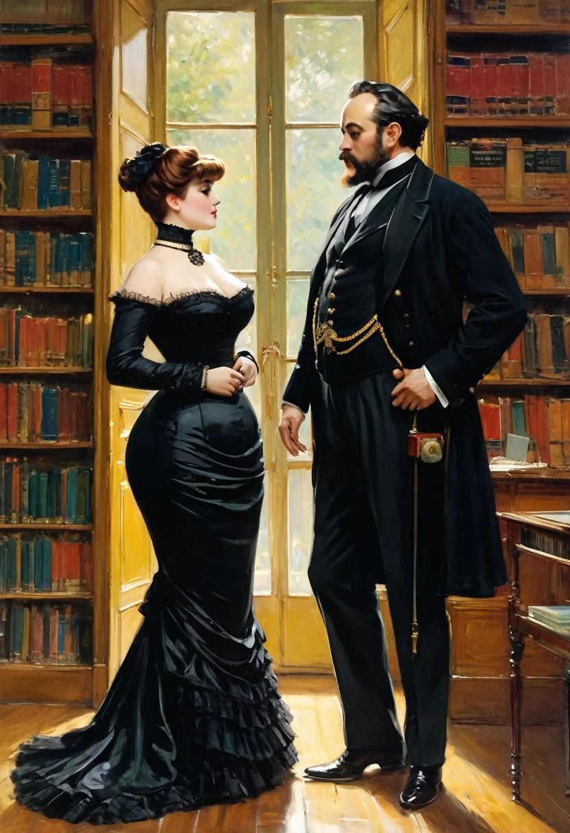 Full body view, a voluptuous buxom mature, fully figured, plump victorian widow in a black dress having some intimacy with a gentleman in the library, by Jean Béraud, inspired by Jean Béraud, inspired by Édouard Detaille, edouard leon cortes, inspired by Ivan Kramskoi, inspired by Jean-Louis-Ernest Meissonier, by Édouard Detaille, inspired by Paul Émile Chabas, 1880 Fashion