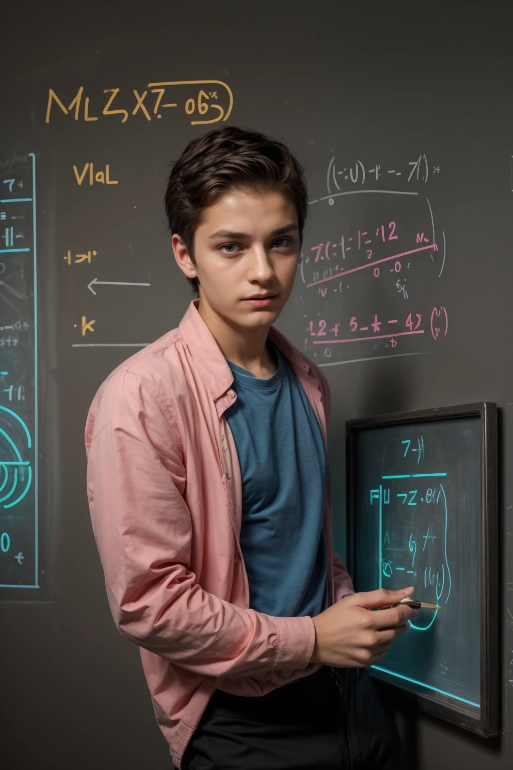 A young male genius wearing a long-sleeved, pink shirt and aqua blue pants. He is in his scientific office and behind him is a blackboard with calculus written on it. Neon waves emerge from the blackboard. He has black hair and his eyes have dark circles underneath them. He has a beautiful face with makeup on and looks proudly. He was shocked and amazed as the blackboard emanated neon energy with mathematical equations