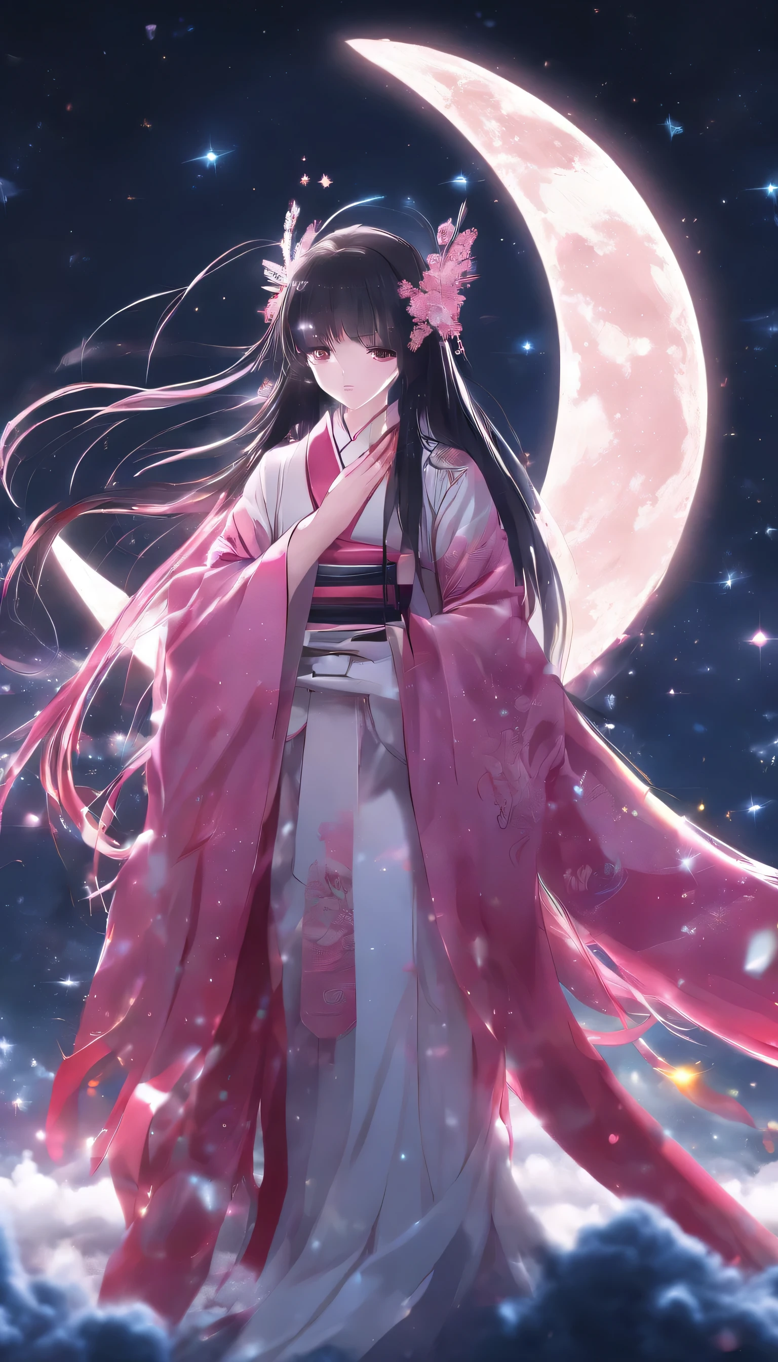 (Princess Kaguya)、Kaguyahime、(((Dark pink long hair 1,5)))、(((Center Parting)))、Medium breast、((Long-sleeved kimono))、((((Background: Watching over the Earth from the Moon))))、((Tsukihime))、masterpiece:1.2), Highest quality, High resolution, unity 8k wallpaper, (figure:0.8), (Detailed and beautiful eyes:1.6), Highly detailed face, Perfect lighting, Extremely detailed CG, (Perfect hands, Perfect Anatomy), P, Anime Girls, best anime 4k, wallpaper, Detailed digital anime art, Detailed anime artワーク, anime art wallpaper 4k, anime art wallpaper 4k, Detailed anime art, anime wallpaper 4k, anime wallpaper 4k, Anime art wallpaper 8K, 4k anime wallpaper, 8k high quality detailed art、