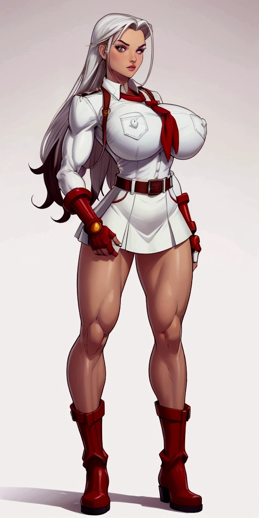 Full body toe to head 1solofemale Cammy White from Street Fighter white skin, scar on left cheek and abs, standing pose yellow bikini, 2legs, 2arms, muscle abs toned, slender body, long silver white hair, purple eyes, hands on hips red gloves gauntles, red military boots ((plain background)) 8k, high quality picture, high detailed picture, sunny day, open sky, (full body shot:1.3), tall fit girl, very long staright hair, brown with a black tint hair, smooth bangs, perfect brown eyes, neat dark eyebrows, plump lips, pale skin, (muscular girl:1.1), strong heaps, (accurate huge breast:1.2), bursting breast, wide hips, pioneer neckerchief, tight short blue skirt, white shirt, short sleeves, collared shirt, belt, eyelashes, red neckerchief, breast pocket, nipples trough clothes