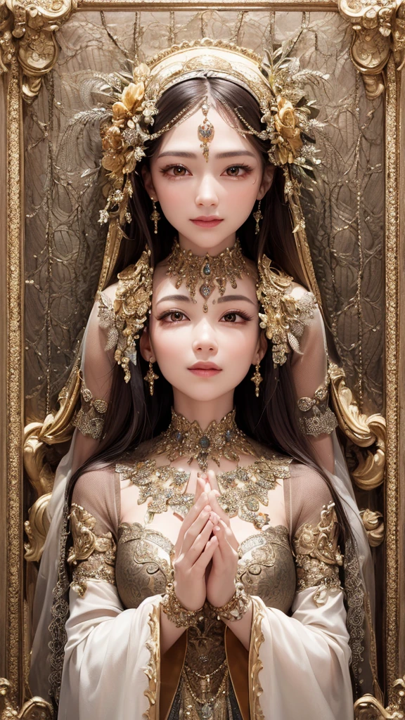 (Highest quality, masterpiece:1.2), Realistic, Ultra-high resolution, Front lighting, Intricate details, Exquisite detail and texture, One Woman, Facial highlights, Upper Body, Detailed face, Teardrop Mole, White skin, 女god, gold, Fantasy, god々Shii, Hands together, Gold background, Economic fortune, Smile