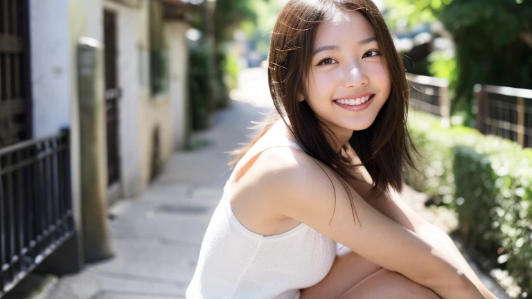Asian woman in arafe in white top and blue shorts poses for photo, friendly Captivating smile, cute Captivating smile, Yoshitomo Nara, Teasing Smile, Cute smile, 温かくA kind smile, Chiho, A young and cute gravure idol, An innocent smile, A kind smile, Young and sexy gravure idol, Playful smile, Captivating smile