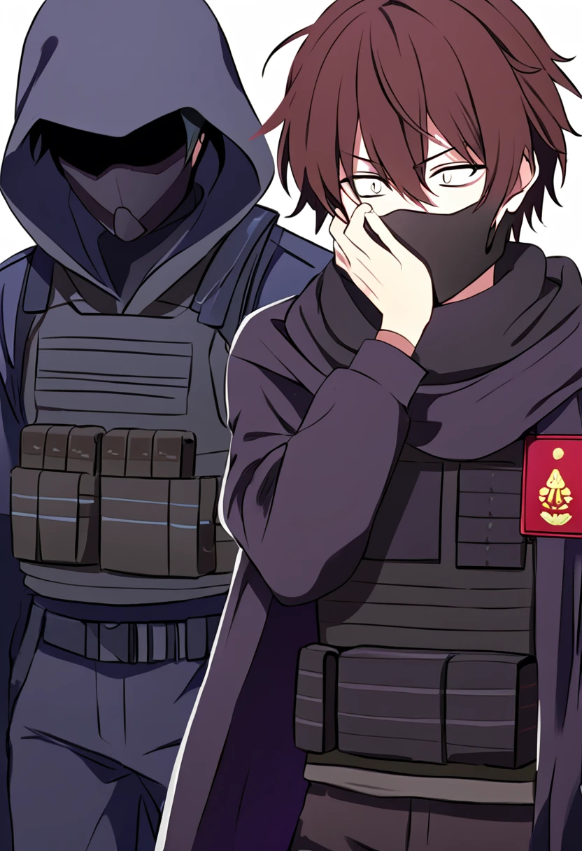 Anime male, black messy hair, white eyes, black facemask covering both mouth and nose, black hoodie, black long scarf, black cloak, tactical vest, black pants, black shirt, serious face expression, (best quality), Tactical outfit, white background, one person
