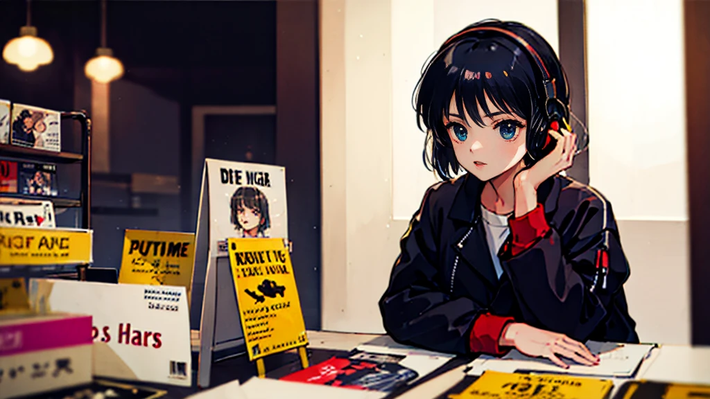 Black short Hair, night, black jacket, One Woman, record shop, Headphones