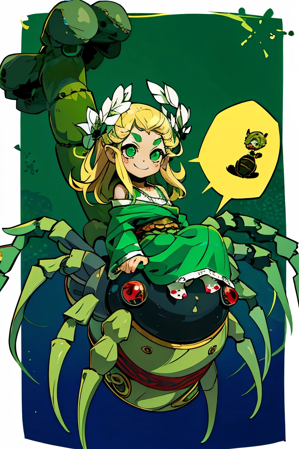 1girl, young, little, , chibi, komusume, flat chest, blonde long hair, green clothes, green eyes, innocent expresion, smiling, arachnid style, spider body, background filled fumes, Tartarus scenery, in Tartarus, surrounded by giant greek columns, greek scenery and furniture, main character, hades style, Arachne, spider legs coming from her back